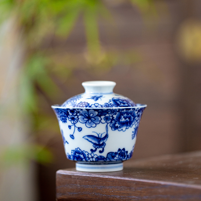 青花万花二才盖碗茶具景德镇高端陶瓷手工手绘100ml