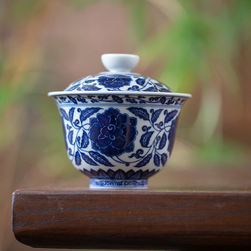 青花牡丹二才盖碗泡茶碗茶具景德镇高端陶瓷手工手绘120ml