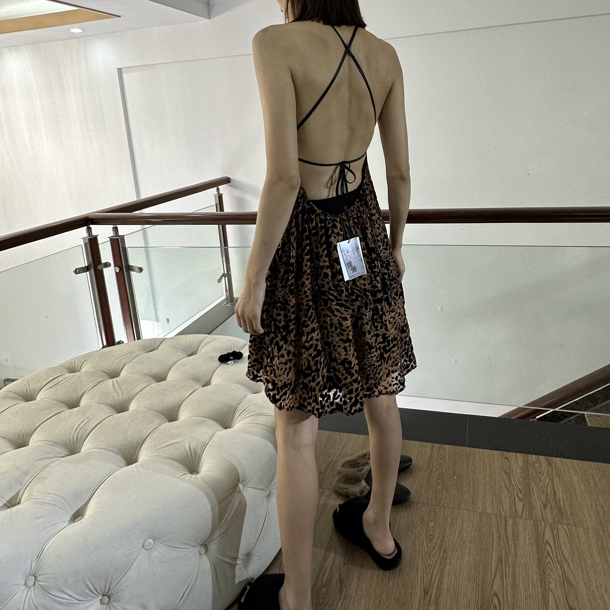 出口外单露背植绒小豹纹连衣裙辣妹连衣裙