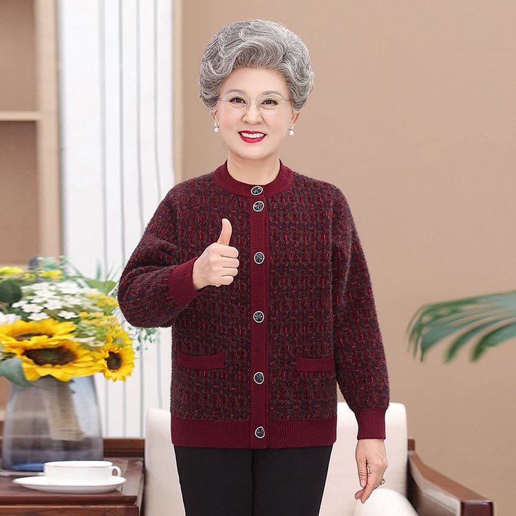 中老年人冬装女奶奶穿的加绒加厚毛衣对襟开衫老太太70岁妈妈外套