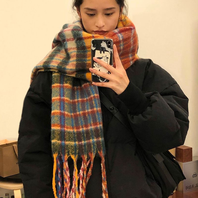 韩版彩虹格子仿羊绒围巾女秋冬季学生情侣加厚保暖围脖长款披肩