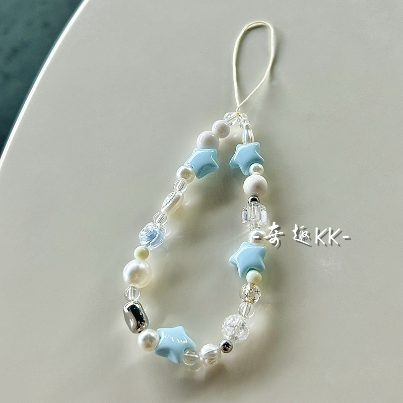 夏日海盐蓝星星手机挂绳手工diy串珠ccd链条小清新相机挂饰防丢绳
