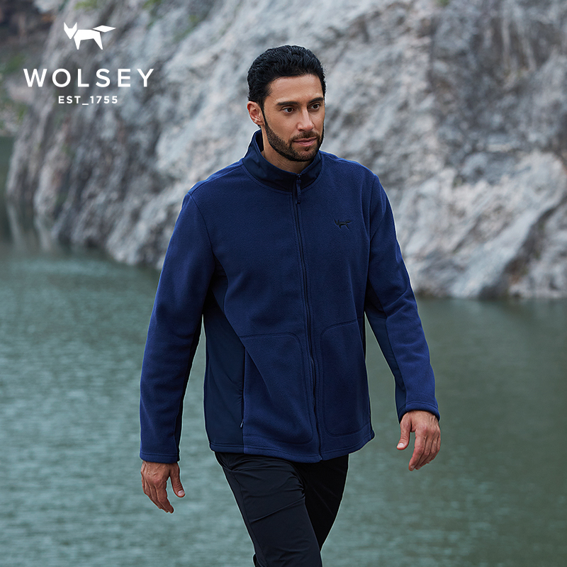 WOLSEY男士运动户外保暖加绒立领秋冬厚款抓绒衣外套休闲舒适防风