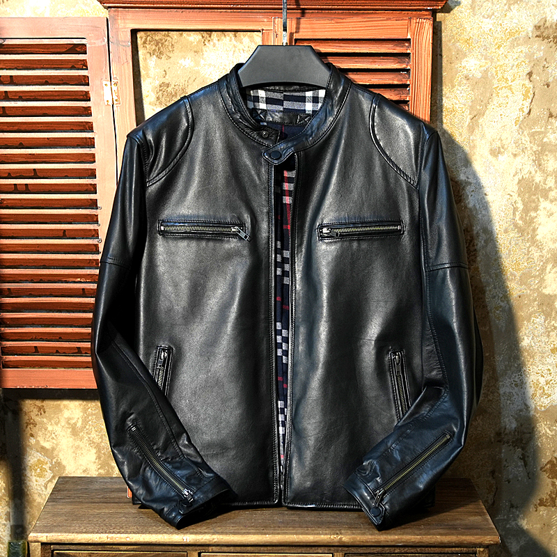 男士小立领绵羊皮机车皮夹克 头层皮料休闲款男装真皮皮衣外套