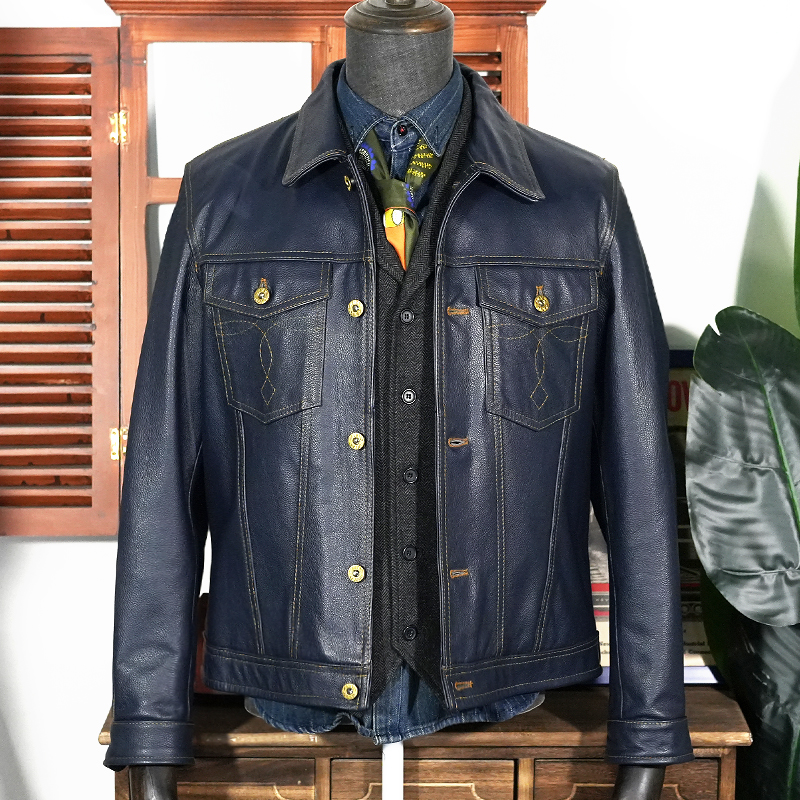 翻领男士真皮皮衣头层牛皮宝蓝色单排扣牛仔版皮夹克男装真皮外套