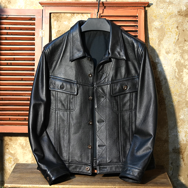 男士真皮皮衣 翻领牛仔版休闲皮夹克 男装秋季新款单排扣外套