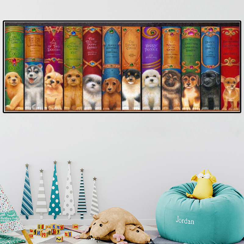 法国DMC十字绣客厅餐厅卧室2022新款小狗书架满绣自己绣手工秀