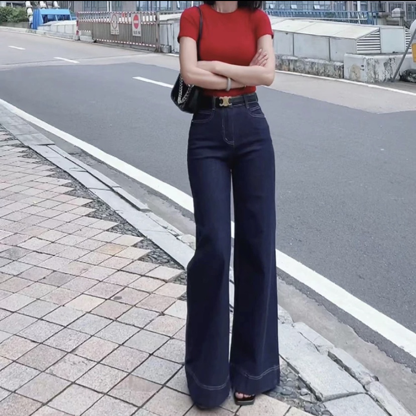 夏季丹宁色牛仔裤女新款高腰薄款显瘦宽松垂感拖地直筒微喇阔腿裤