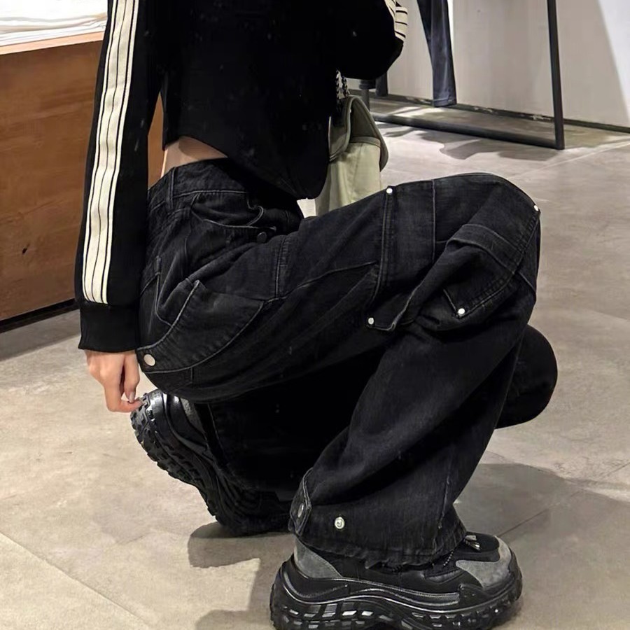 美式复古高街黑色工装裤破洞女高腰宽松设计感显瘦阔腿裤小个子