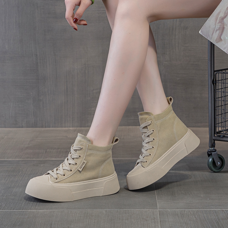 高帮潮鞋女2024秋季新款百搭时尚休闲真皮贝壳头松糕厚底运动板鞋