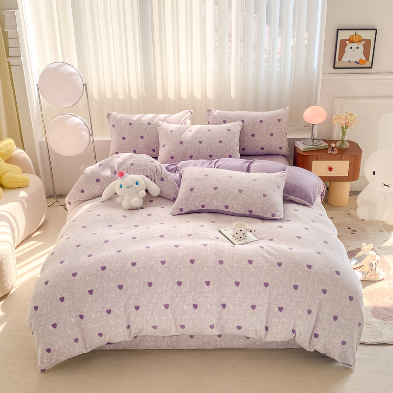 蒂雅 紫爱心 新款牛奶绒加厚四件套冬季保暖印花宝宝绒床上用品