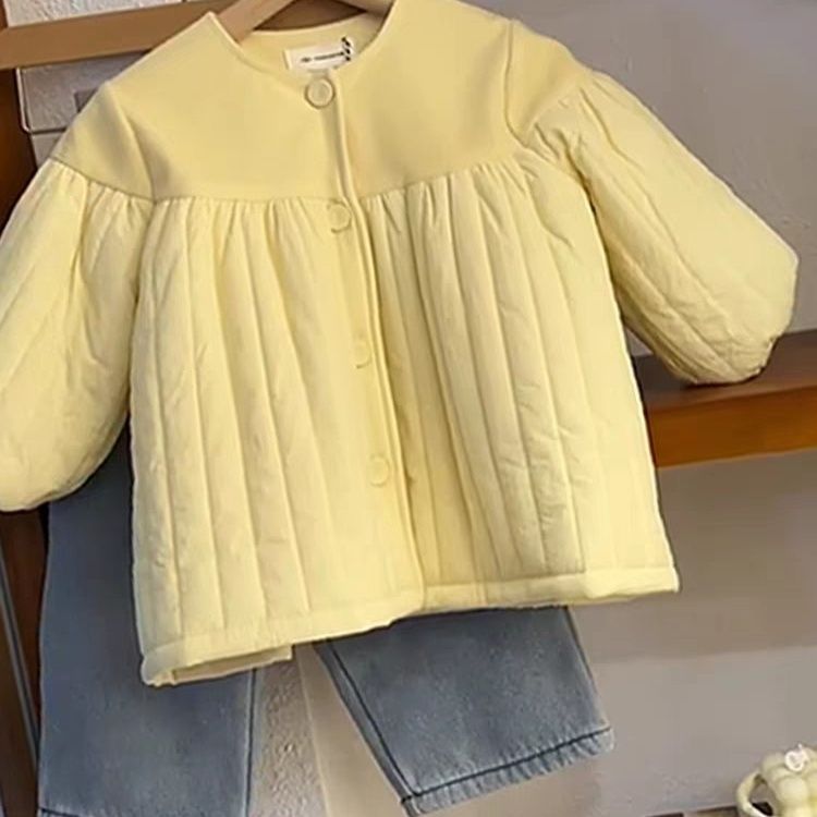 韩国童装女童棉服冬季新款中小童时尚纯色设计感夹棉棉衣外套