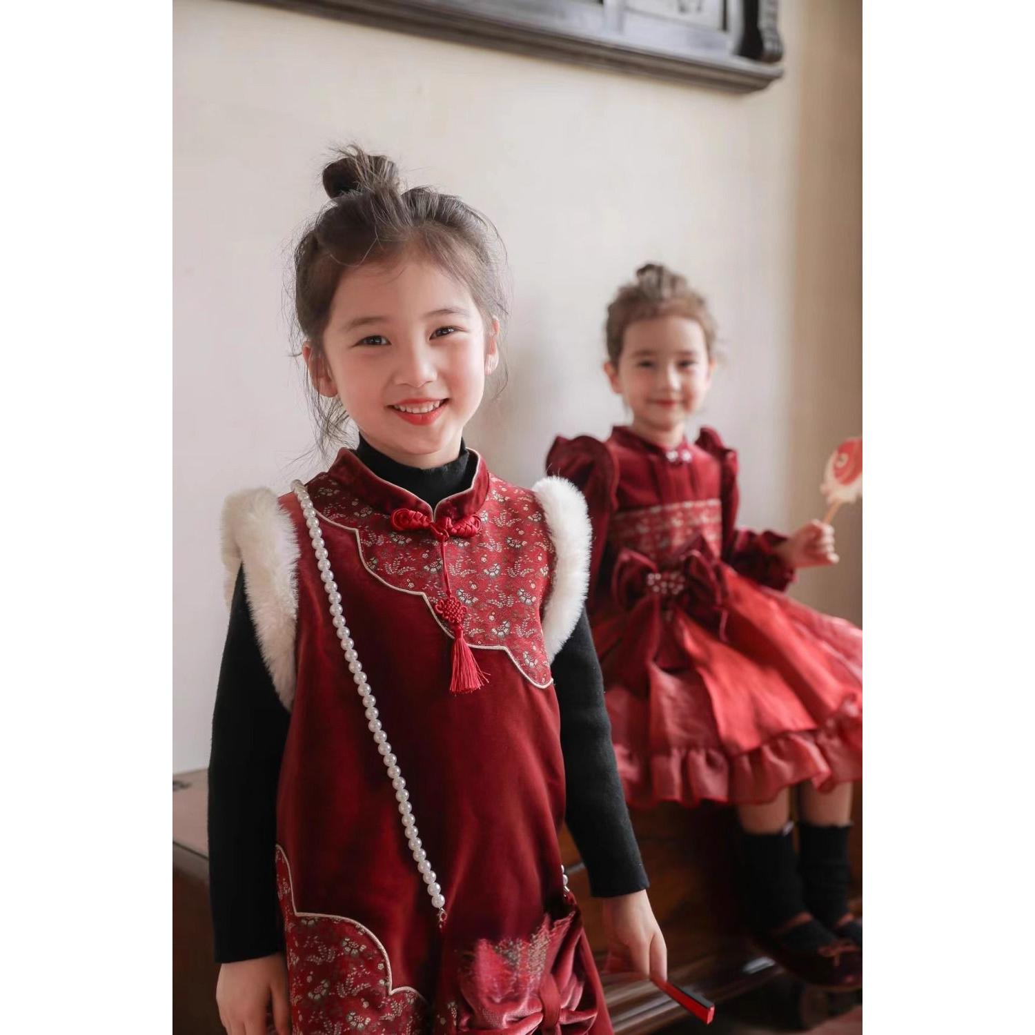 女童夹棉背心裙中国风冬装儿童新年旗袍裙汉服马甲裙喜庆拜年服