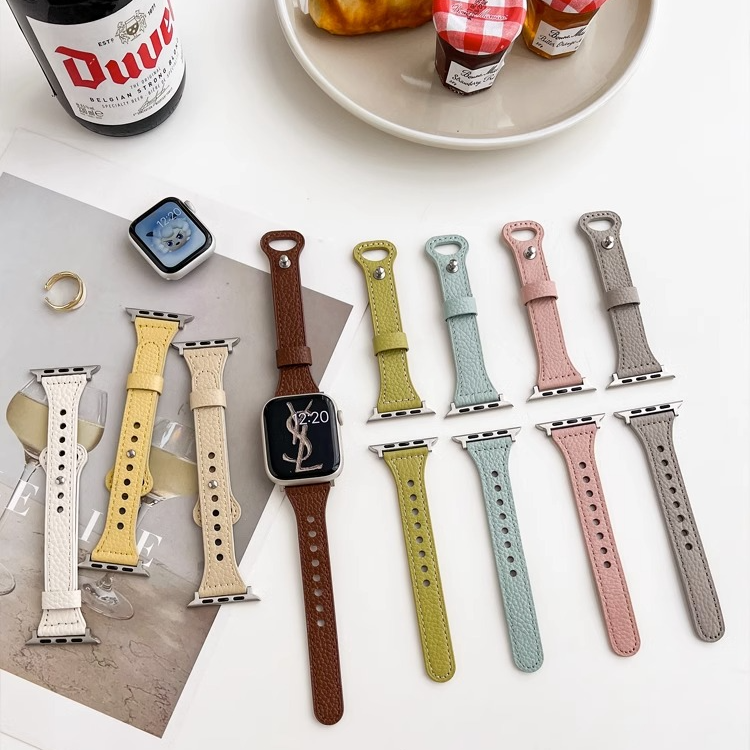 塔佩适用applewatch9柔软荔枝纹小蛮腰真皮苹果手表带iwatch78se
