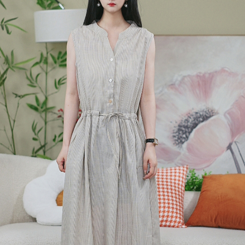 2025文艺气质条纹连衣裙女棉麻透气系带瘦腰显瘦连衣裙988