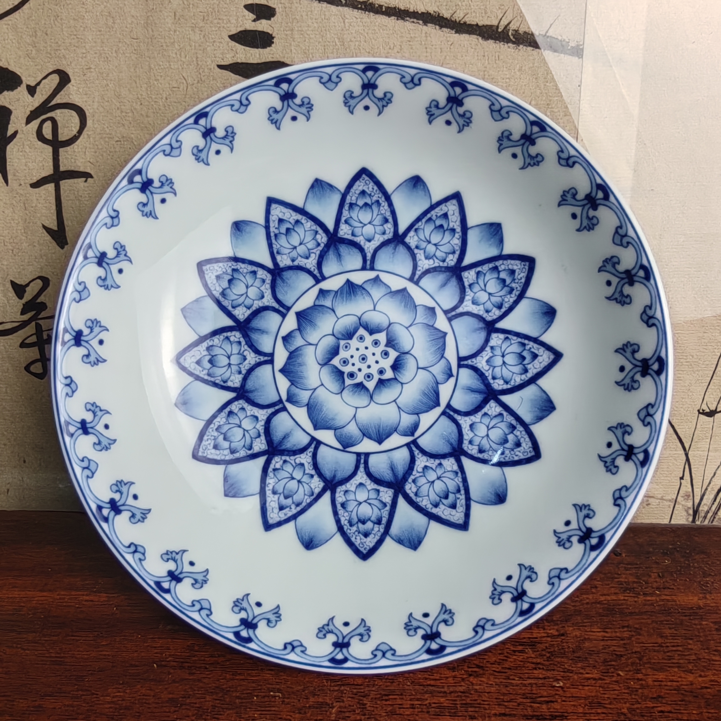 青花瓷并蒂莲壶承釉下彩陶瓷手工中式白瓷托盘茶具配件瓷都景德镇