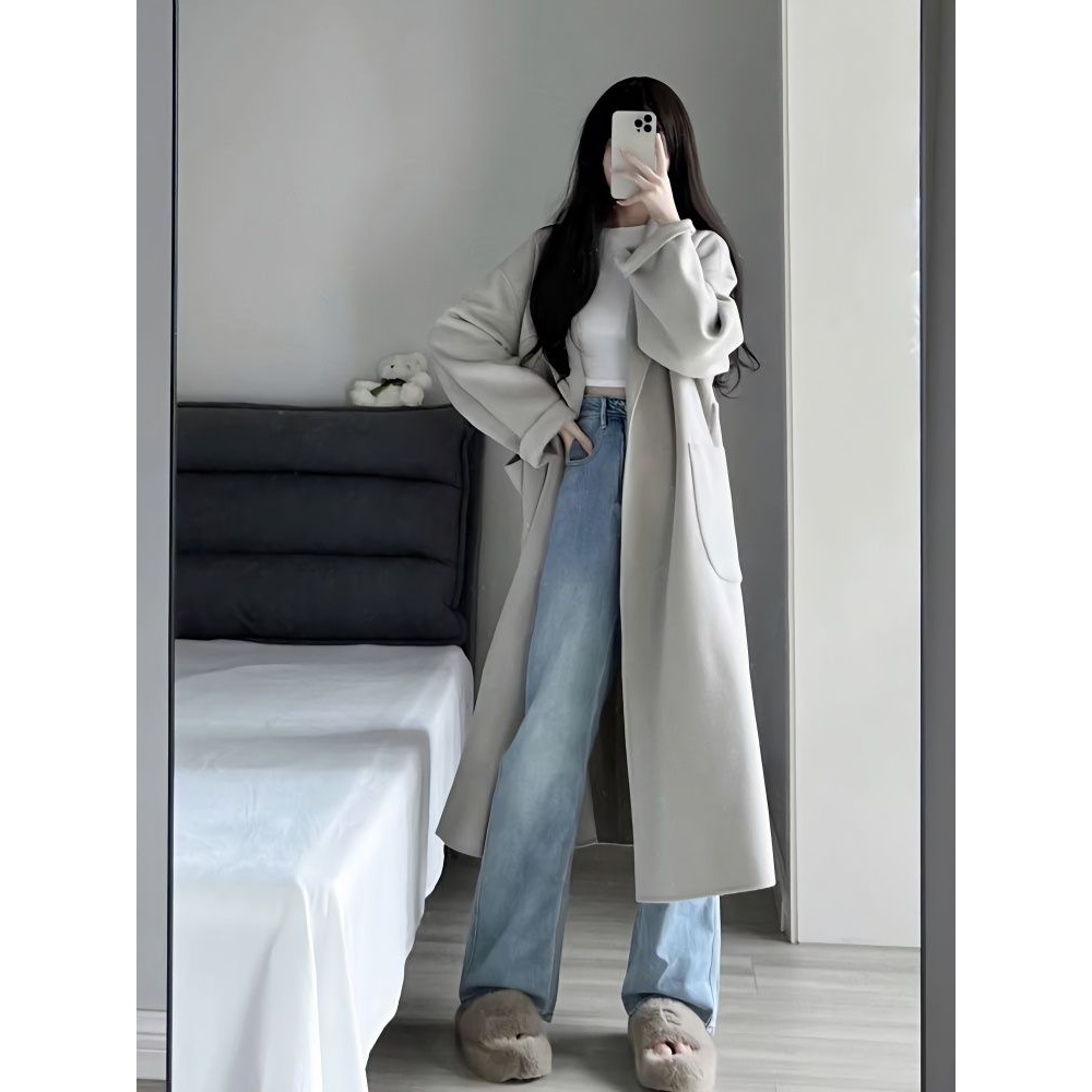 2023秋冬季新款爆款银狐灰大衣外套女韩系百搭中长款无扣毛呢外套