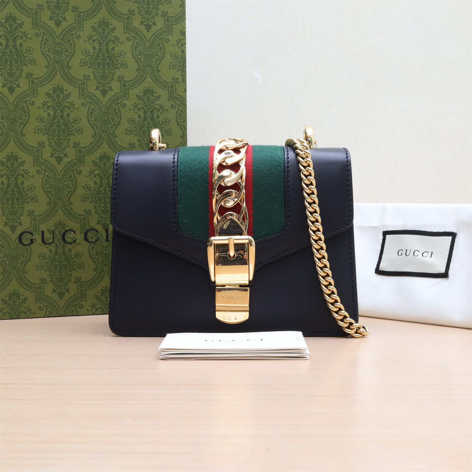 99新 GUCCI/古驰 Sylvie 丝带包 Mini 19 蓝色 皮革C P224623134