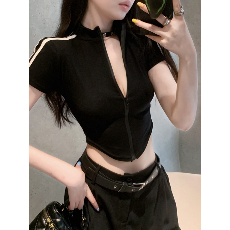 纯欲辣妹杠条正肩紧身短袖T恤女夏季拉链修身显瘦露脐短款上衣潮