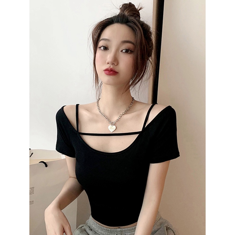 纯欲短袖露肩短款t恤女夏季辣妹内搭显瘦小众设计感修身露脐上衣