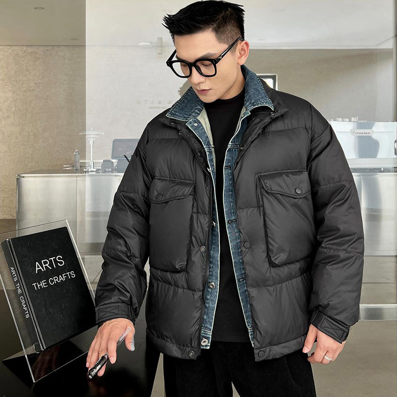 冬天棉服男轻熟假两件牛仔领大口袋休闲百搭冬季情侣保暖工装棉衣