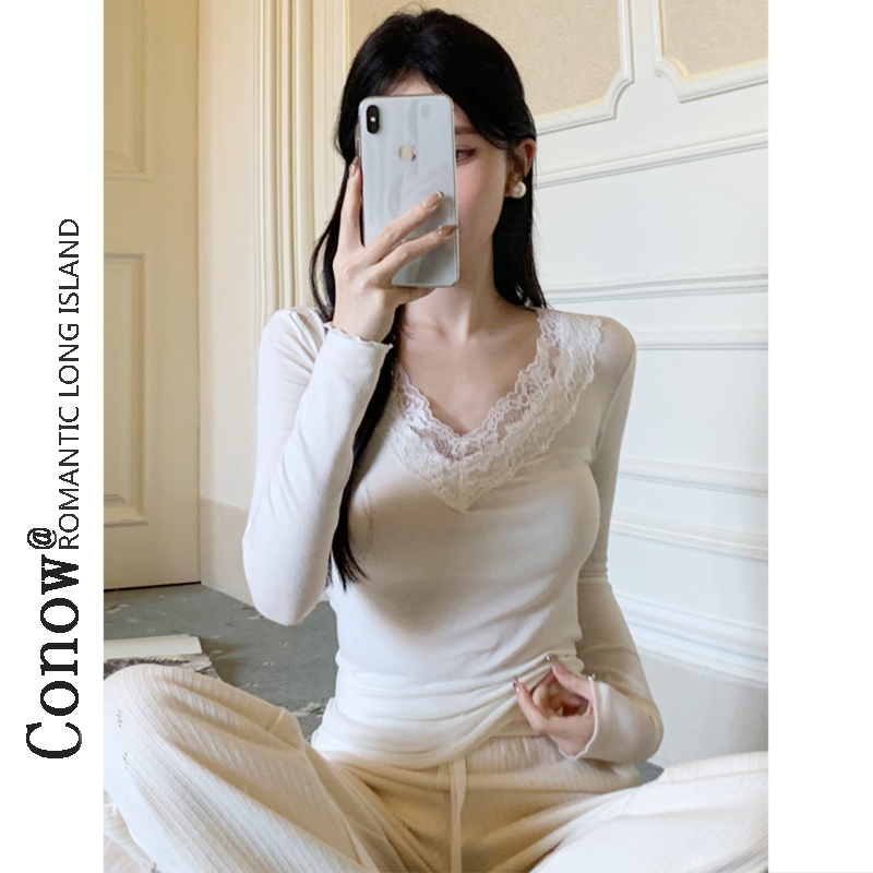 打底衫加绒蕾丝花边V领春秋冬新款木耳边纯欲风修身长袖T恤女