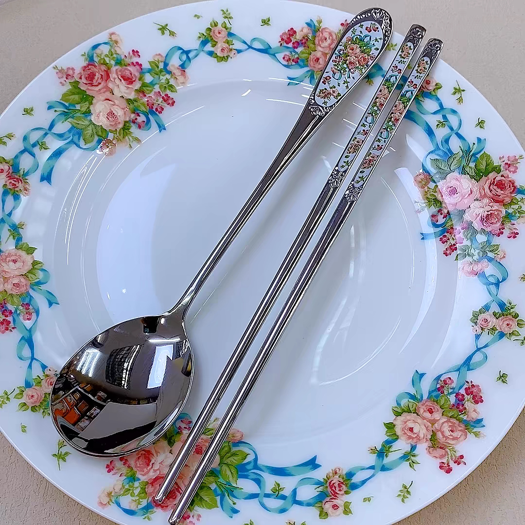 韩国进口SMF英式玫瑰花食品级不锈钢勺子西餐餐具 实心扁筷子勺子