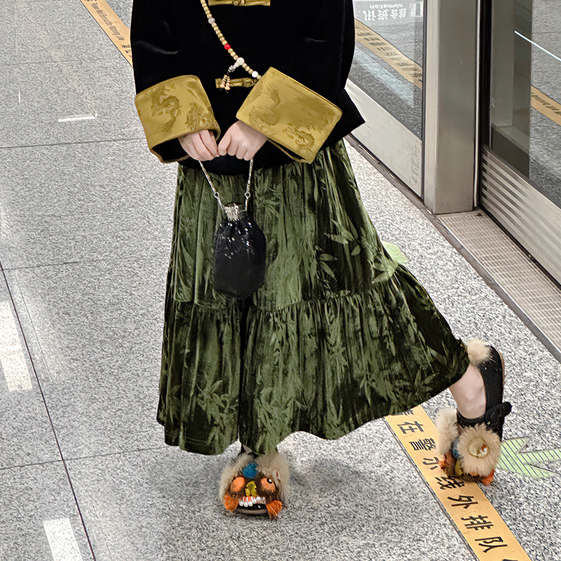 女童2024秋冬新中式拼接竹叶丝绒半身裙儿童国风时髦裙子