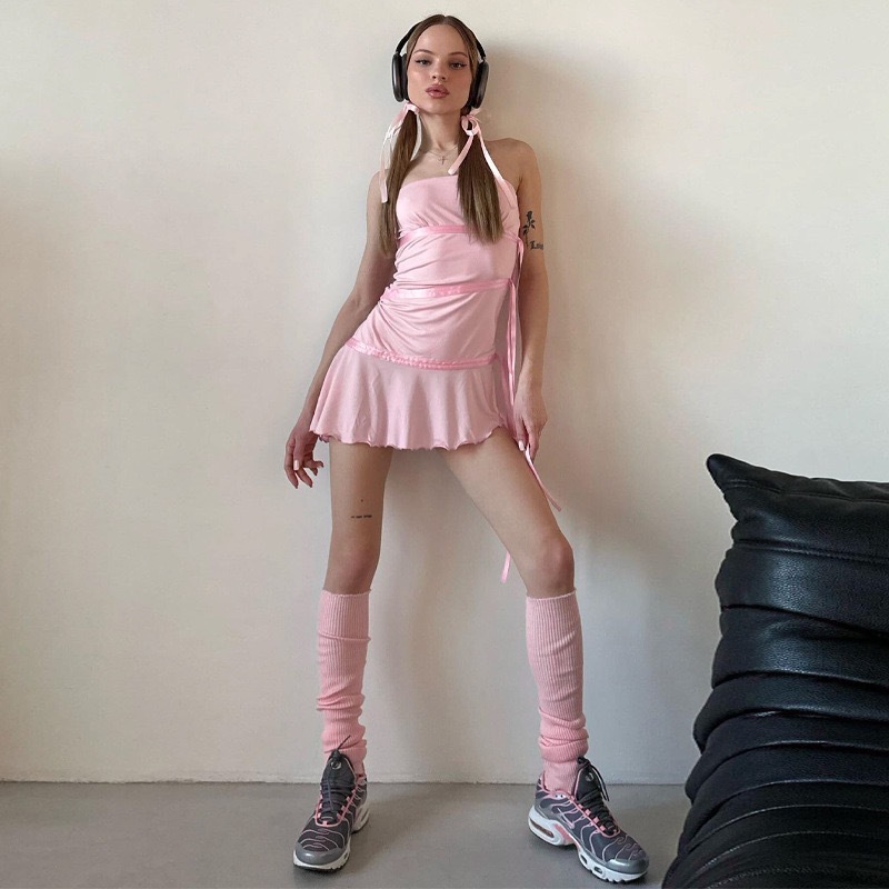 iamgia欧美性感不规则连衣裙粉色性感绑带抹胸斜花边