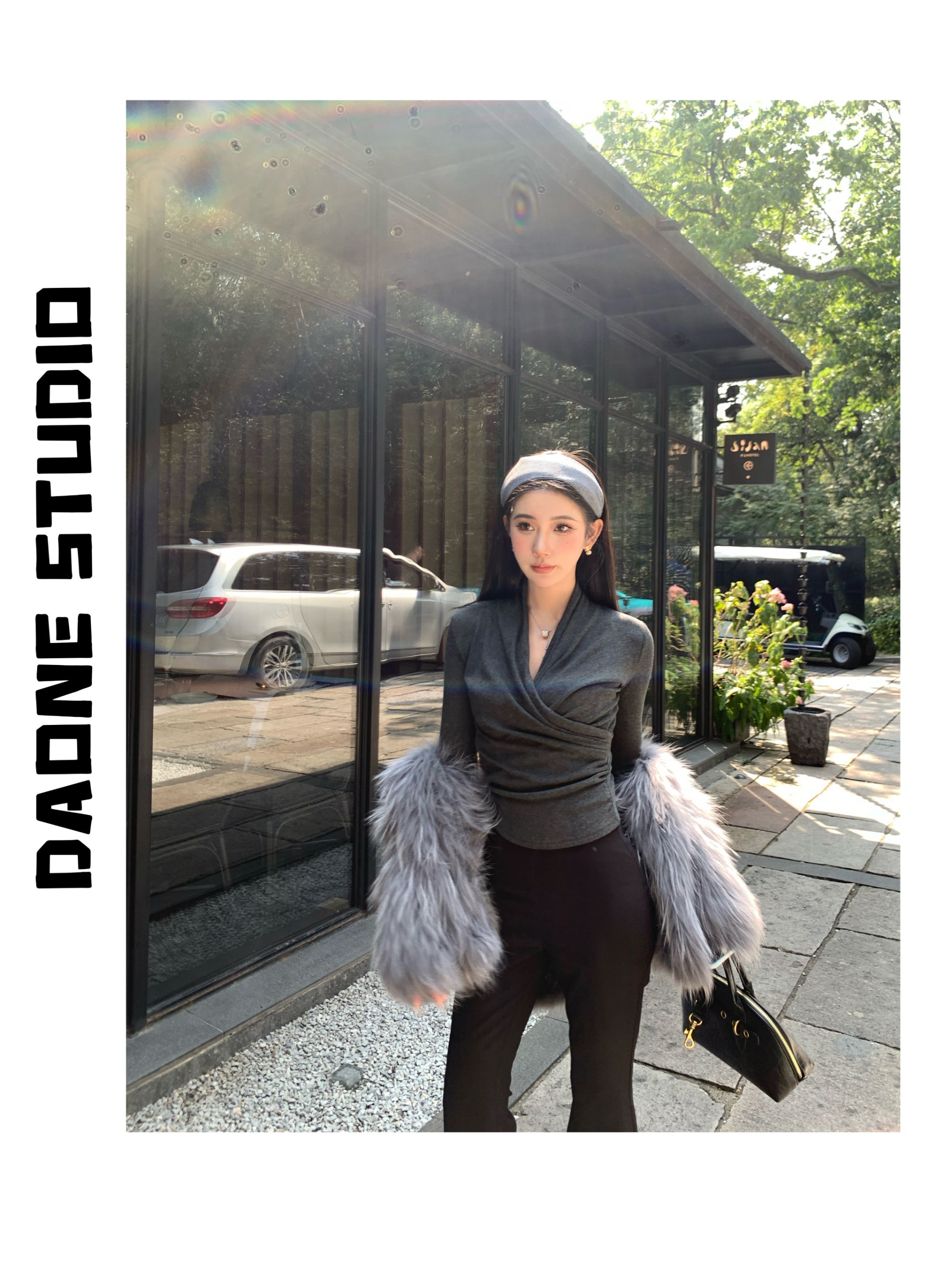 DAONE秋冬简约百搭气质纯色绒感交叉V领长袖修身韩版短款显瘦上衣