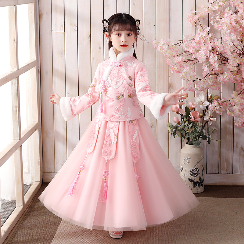 巴拉巴拉恩女童汉服冬装2023新款儿童装古装中国风唐装秋冬季女孩