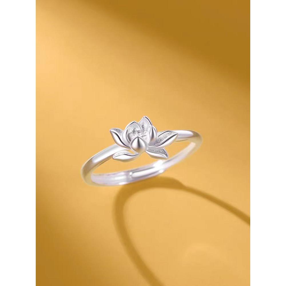 足银戒指 999足银荷花银戒指开口女可调节设计感小清新莲花食指戒
