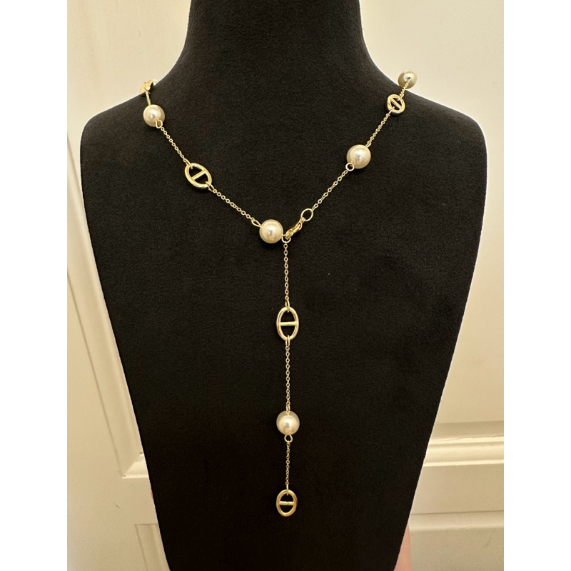 铜合金仿珍珠项链 X0173气质轻奢时尚百搭金色坠链素款环环相扣