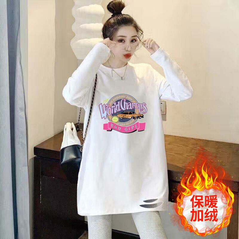 白色加绒打底衫女秋冬季新款长袖韩版宽松中长款T恤女保暖上衣潮