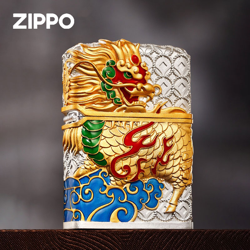 zippo打火机官方原装正版夜光珐琅火麒麟礼盒装煤油防风男士礼物