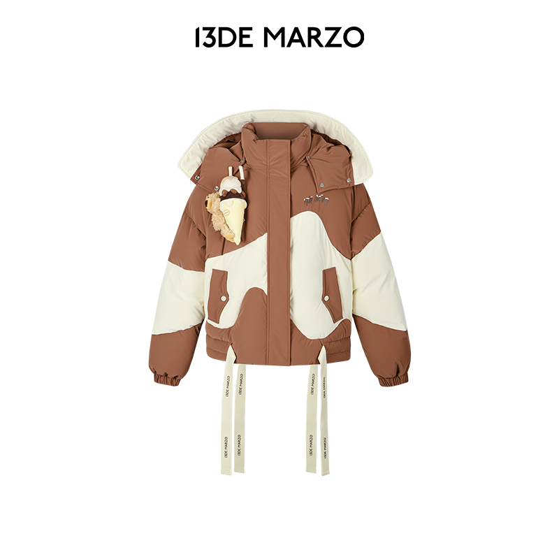 13DE MARZO男女同款秋冬新款冰淇淋拼色保暖外套连帽羽绒服