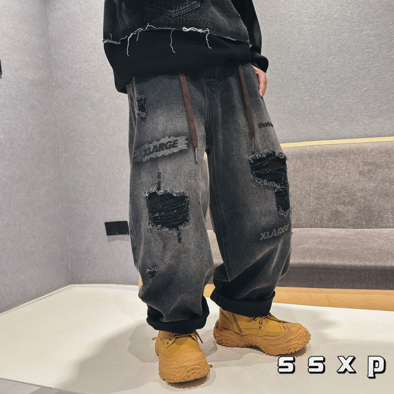 儿童春秋破洞牛仔裤阔腿宽松休闲裤新款童装哈伦重工长裤S7200