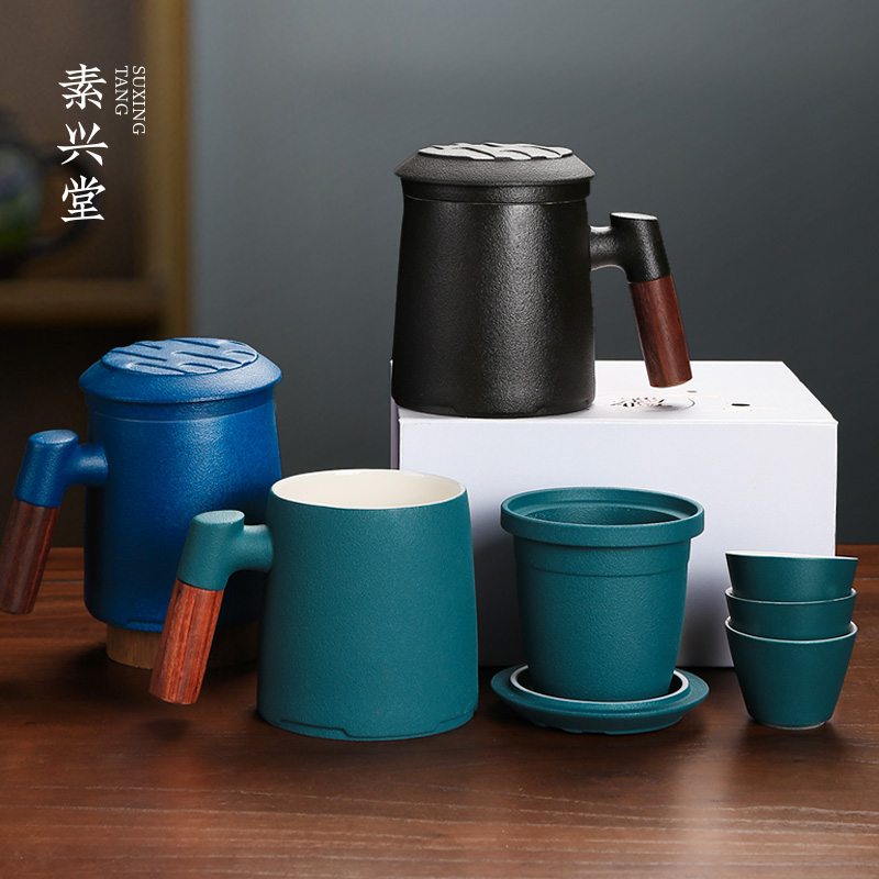 素兴堂粗陶马克杯茶水分离办公杯陶瓷大容量带盖茶杯个人专用杯子