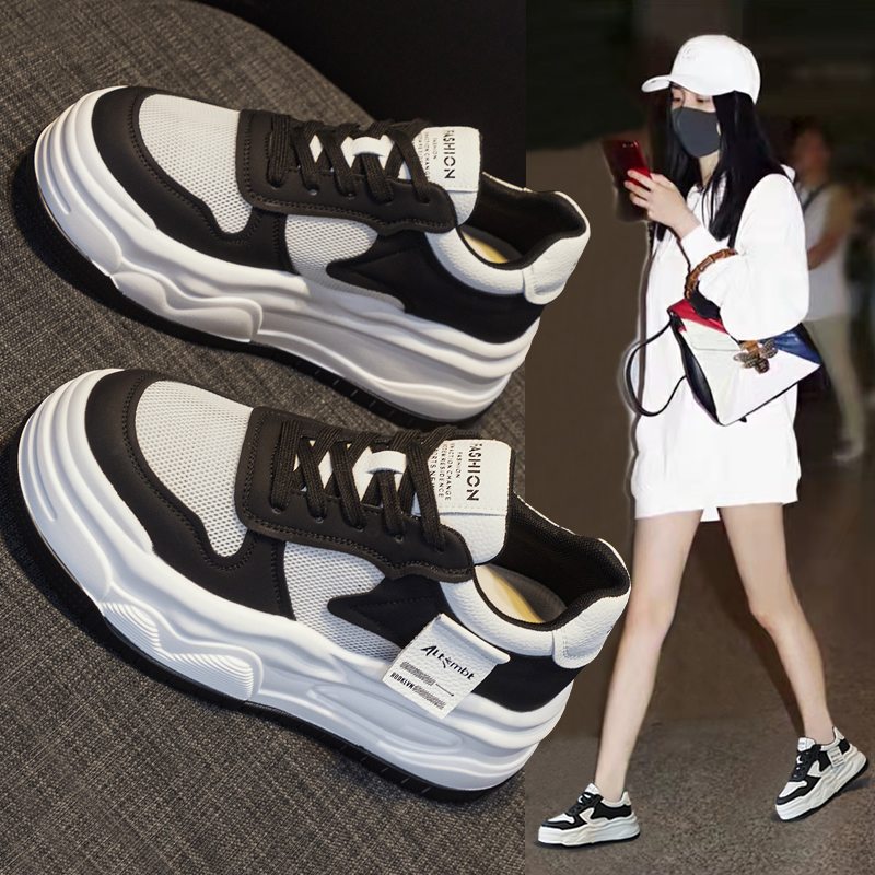 【品牌清仓】内增高小白鞋女2024新款夏季薄款网面透气厚底松糕小