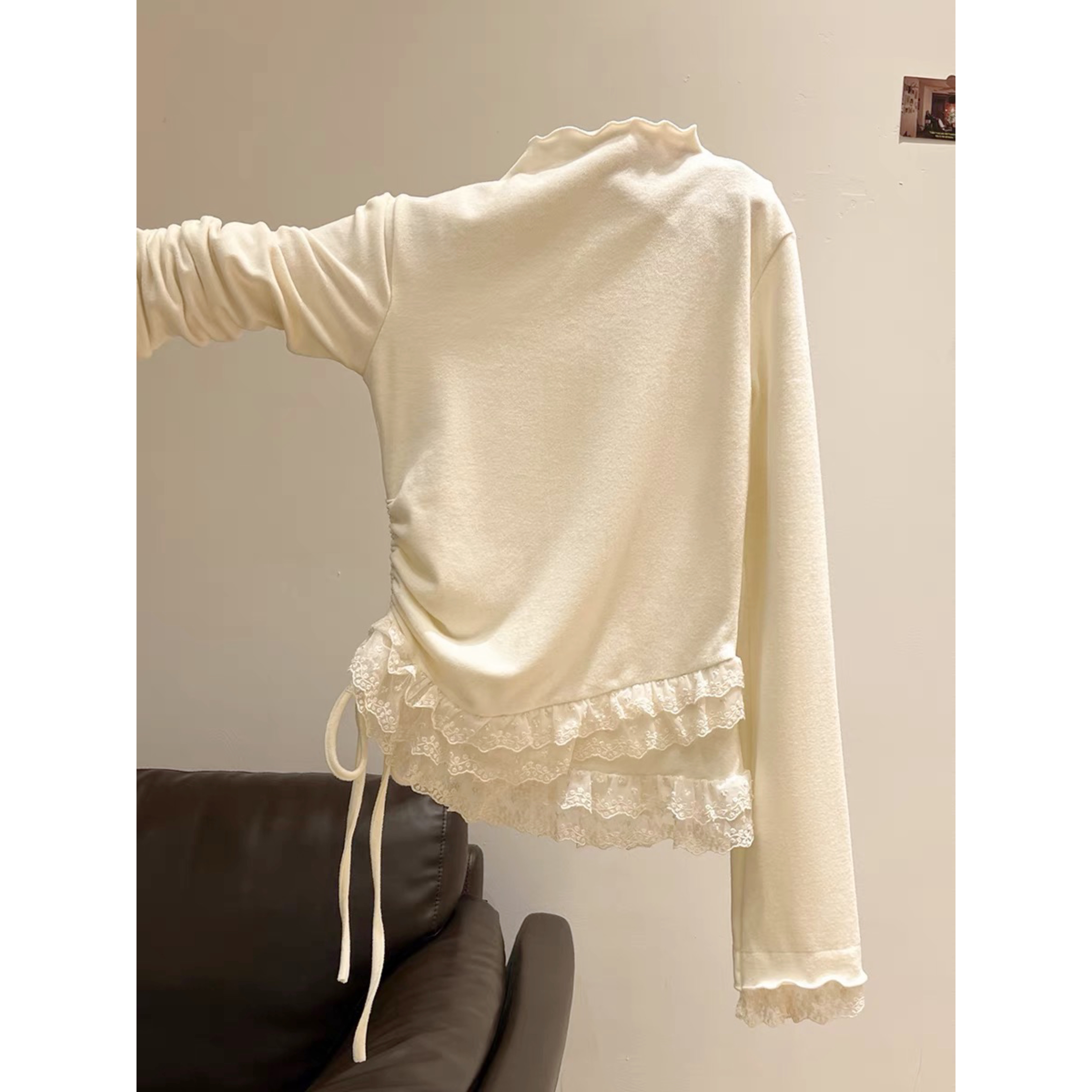 甜美蕾丝木耳花边半高领长袖T恤女秋冬季德绒保暖内搭打底衫上衣