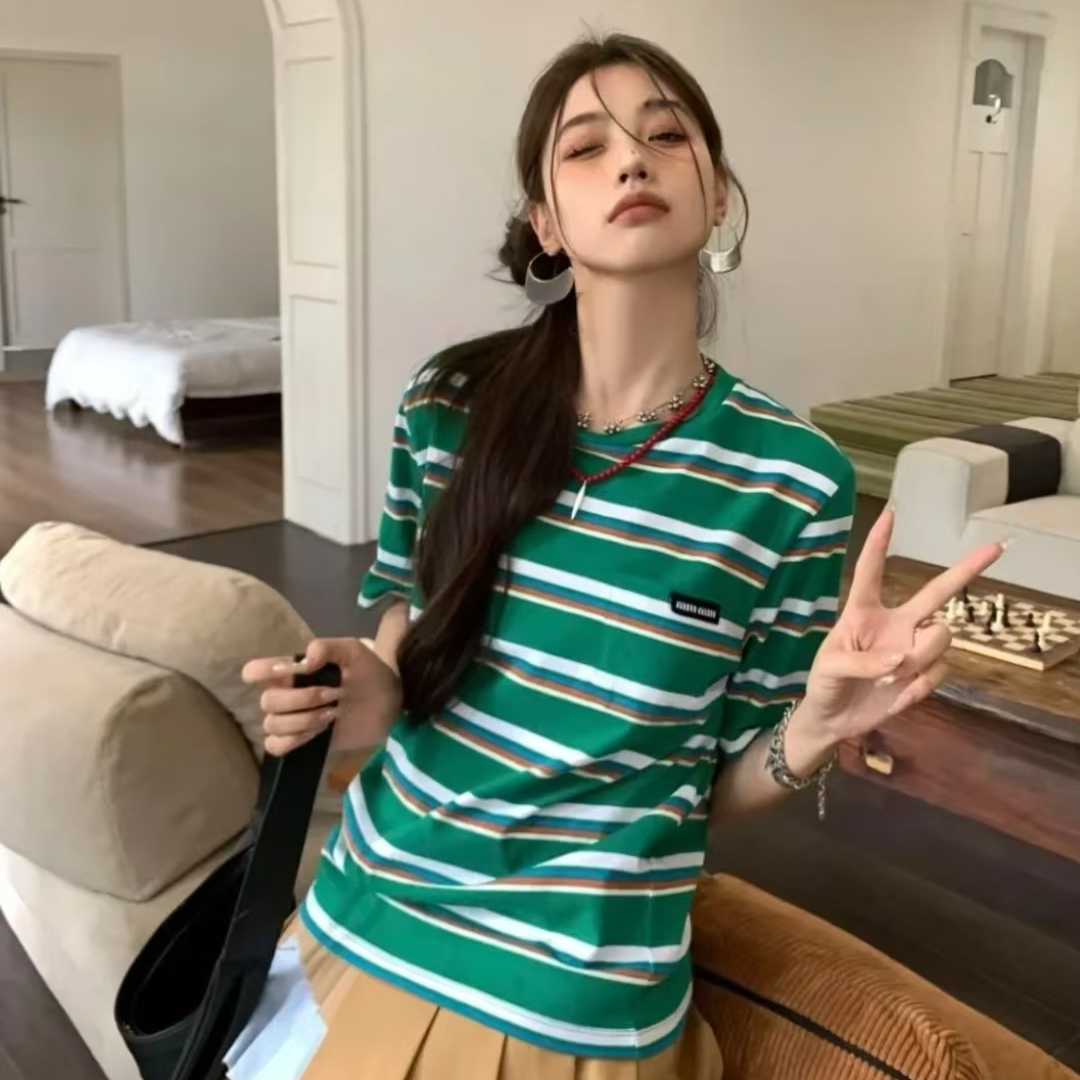 未使用 MIU MIU/缪缪 圆领条纹短袖 绿色/XS/M