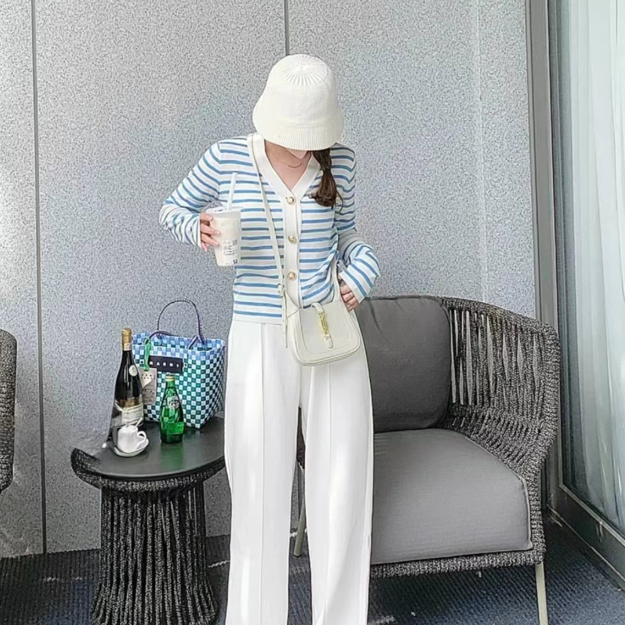 未使用 DIOR/迪奥 Dior 条纹单排扣开衫 蓝白/38