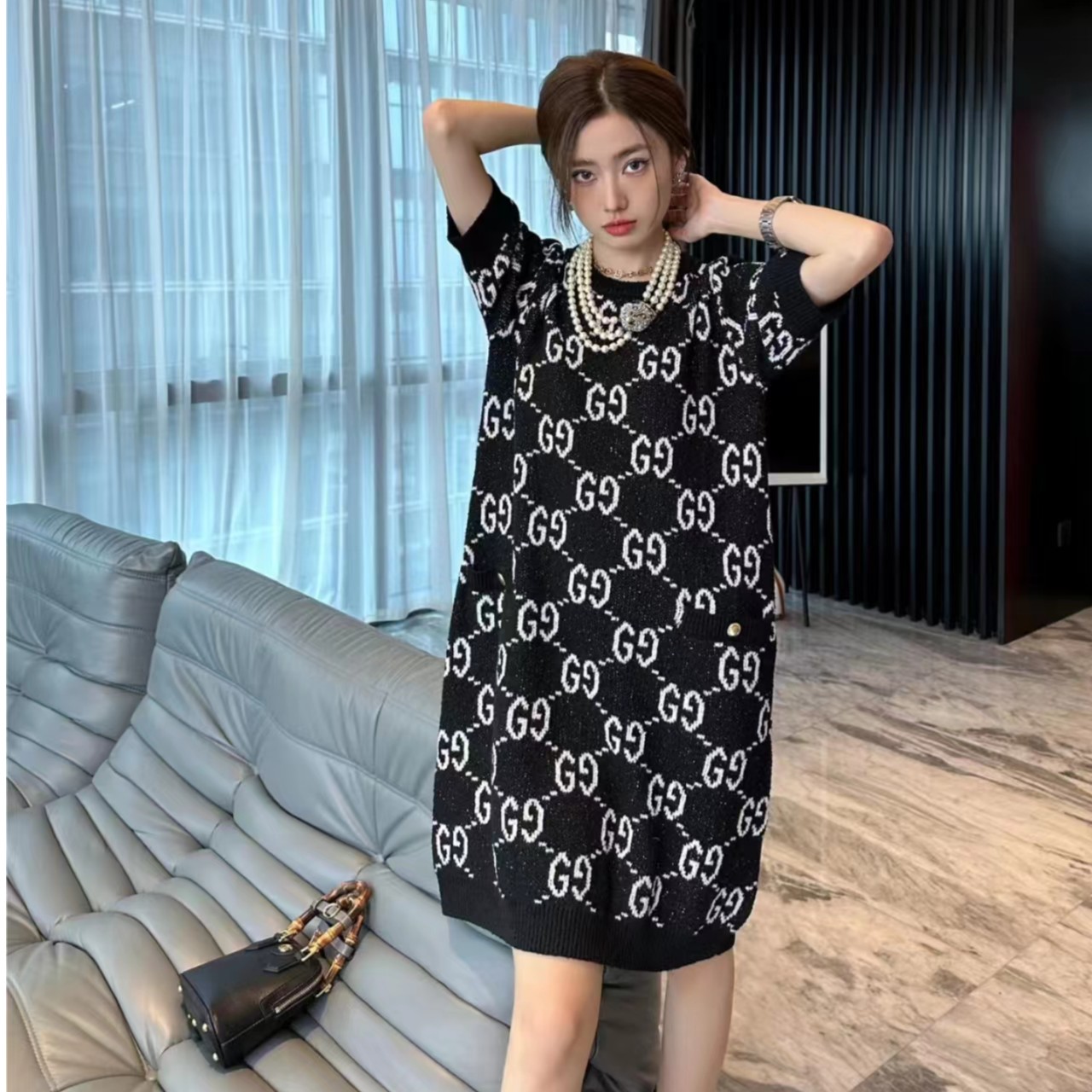 未使用 GUCCI/古驰 满印短袖连衣裙 黑/白/公价16000/S码