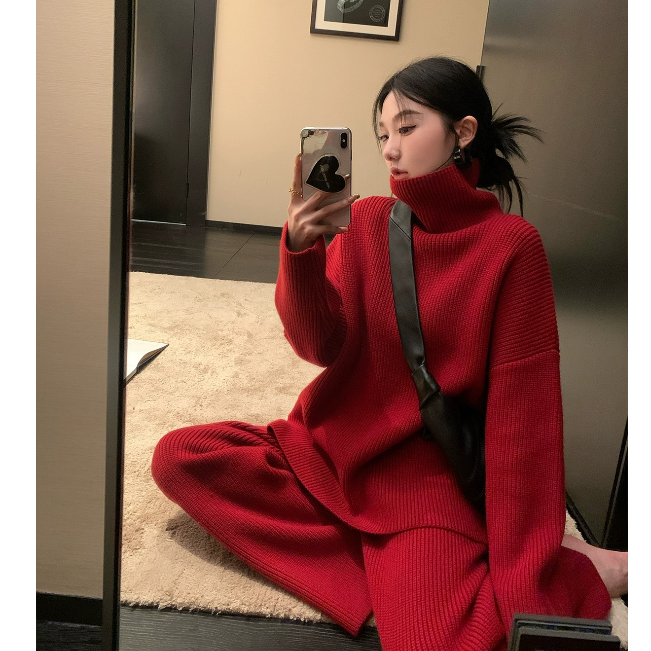 红色高领毛衣阔腿裤套装女秋冬内搭打底衫长裤慵懒风时尚两件套