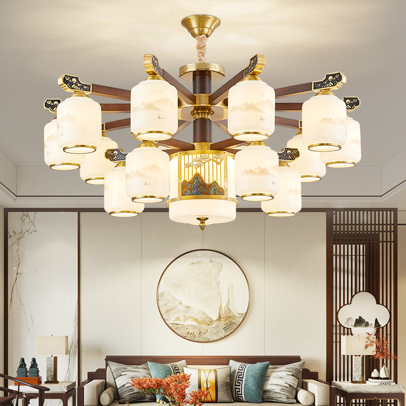 新中式全铜实木吊灯国风禅意简约大气别墅家用客厅餐厅全铜灯具