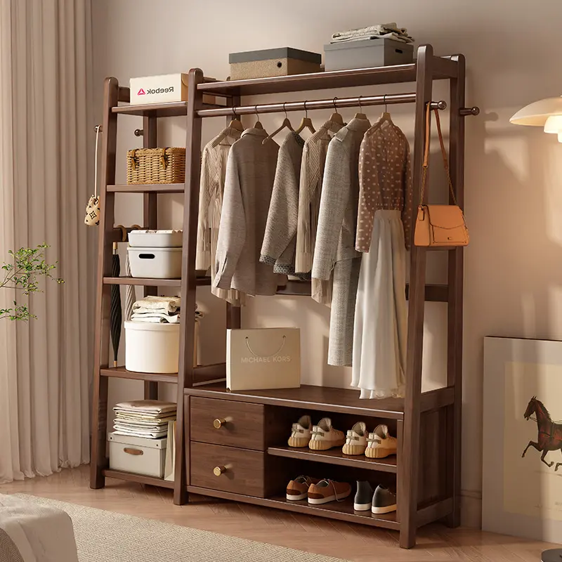 实木衣帽架落地卧室挂衣架多功能置物架简易家用立式收纳柜储物架