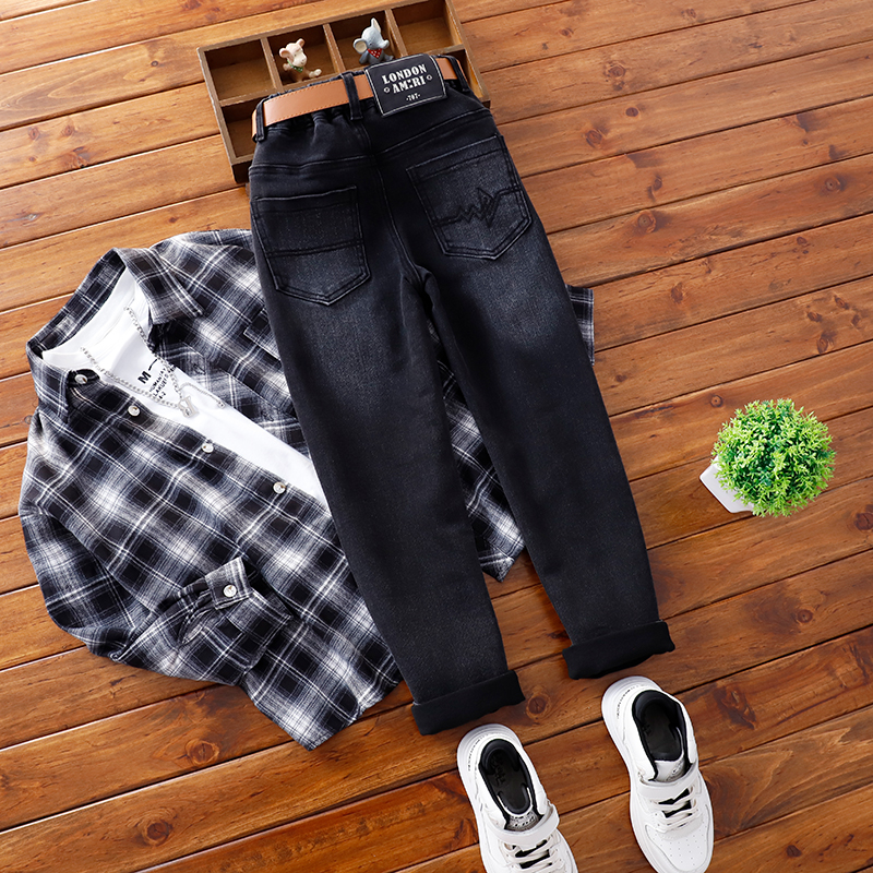 黑色加厚版牛仔裤秋冬加绒裤子一体绒长裤中大童百搭牛仔小脚裤厚