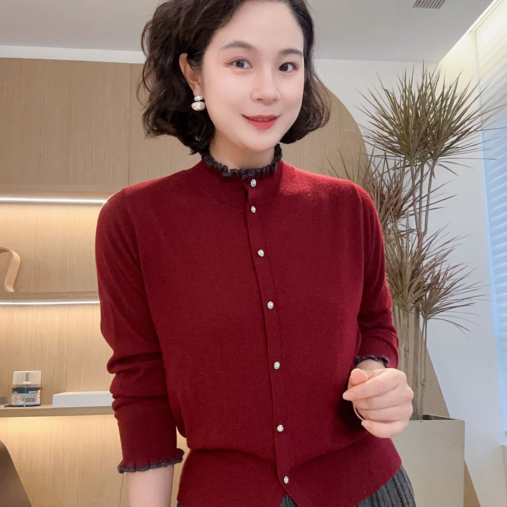 【窈窕淑女】长袖木耳领针织开衫小立领秋冬新款#GT7991