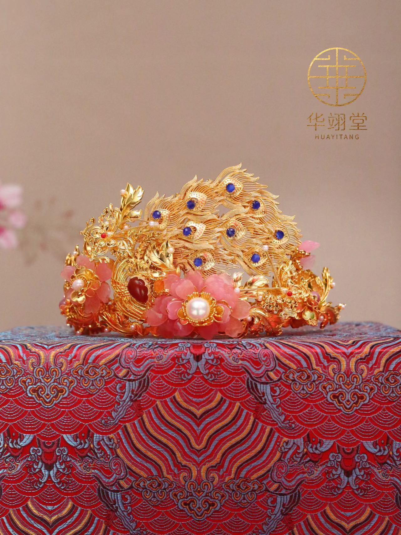 铜合金婚庆饰品 华翊堂原创铜镀金仿花丝镶嵌宝石孔雀东南飞发冠