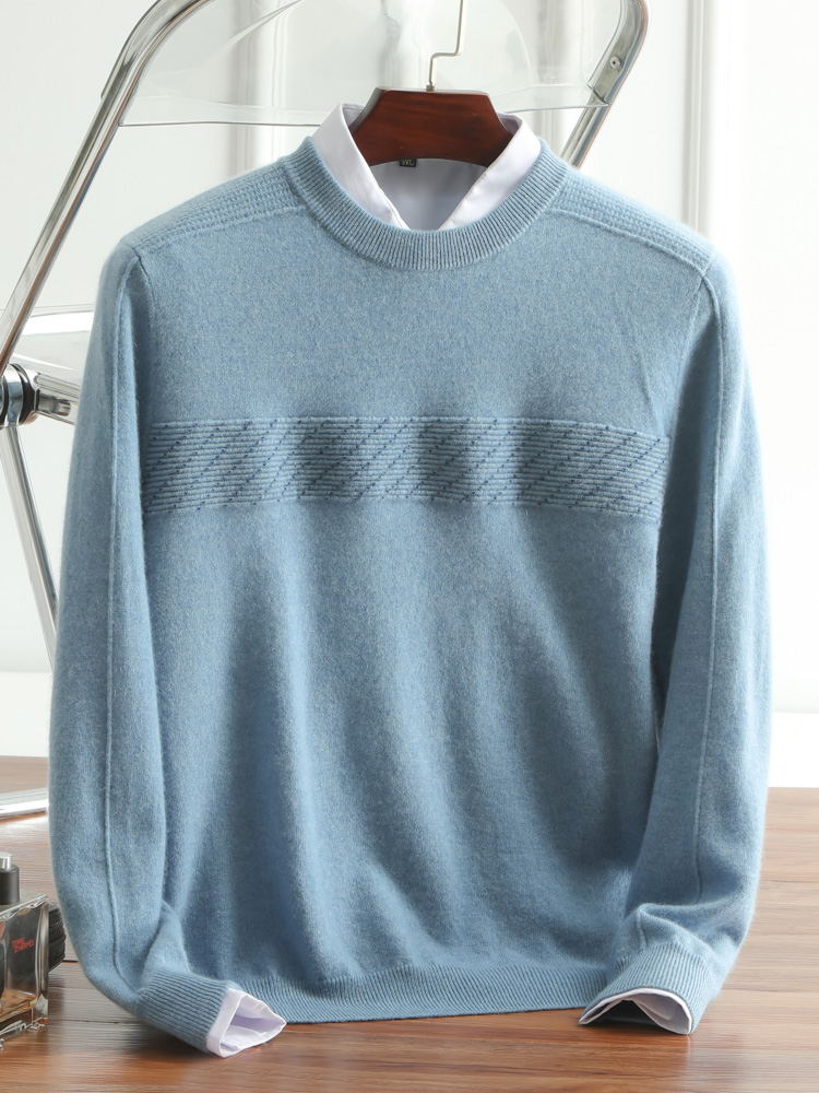 男士圆领长袖针织羊绒衫100%纯山羊绒前提花时尚套头山羊绒衫HH73